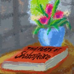 Book of Shakespeare's plays by a vase of flowers. Dream sketch by Wayan.