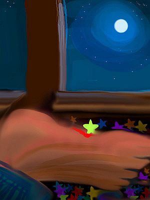 Sketch of a dream by Wayan. Night. In my bedroom, a sharp little glitter-star wounds my sole, right atop an older scar.