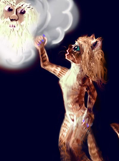 Madam Purr-Say, a cartoon cat, defies her Dream Lord. Dreamed by PurplePurplePurple71, sketched by Wayan.