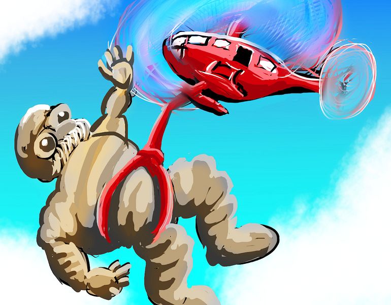 Fat alien goes off in a red helicopter. Dream sketch by Wayan. Click to enlarge.