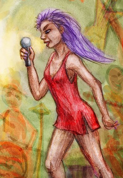 Envy, a loud rocker with purple hair, red dress. Dream sketch by Wayan. Click to enlarge.