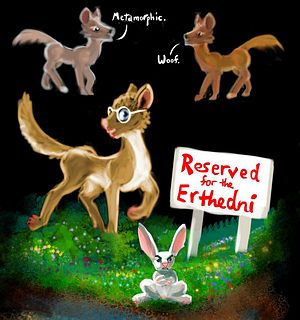 Talking canines around a sign saying 'Reserved for the Erthedni'. Dream sketch by Wayan. Click to enlarge.