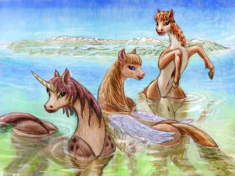 Unicorn, pegasus and sentient horse wading on the shores of Nunavut after the ice melts; Greenland's green hills on horizon. Dream sketch by Wayan. Click to enlarge.