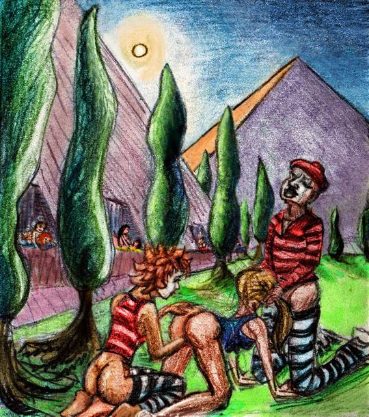 An orgy of mimes at the feet of pyramids; dream sketch by Wayan. Click to enlarge.