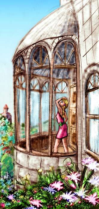 Sketch of a dream by Wayan, 'Escape by Intuition.' Gothic stone building on a hill; I stare out a half-circle of tall windows. Click to enlarge