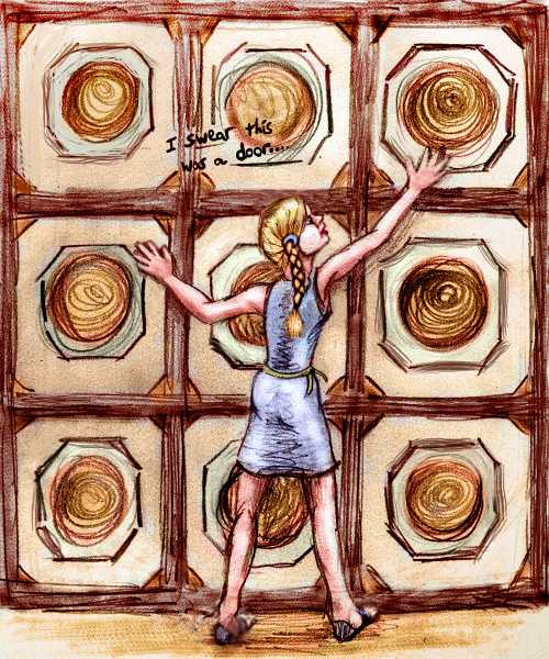 Sketch of a dream by Wayan, 'Escape by Intuition.' Blonde girl (me) in blue dress looks up at elaborate corbeled wood panels, muttering 'I swear this was a door a minute ago.'