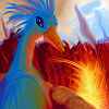 Thumbnail of a dream image: a big blue crested cranelike bird on a stone terrace above a lava-fountain, in the crater of Mt Etna-Shasta.