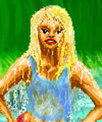 Ariane, blonde in a blue top and red shorts, soaking wet and mad.