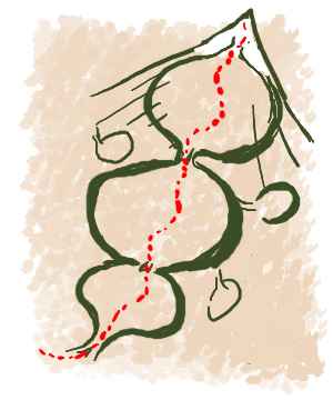 Sketchmap of a chain of three round caves under Mt Everest.
