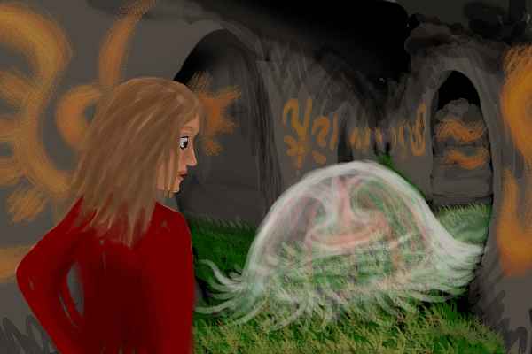 Dream: huge jellyfish cropping grass on the floor of a dark tunnel. Silvery slug-trail behind. Dreamer, in red shirt, gapes in fear.