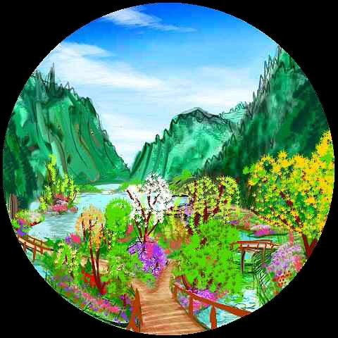 Round impressionist painting of a garden with ponds, footbridges, surrounded by steep mountains.
