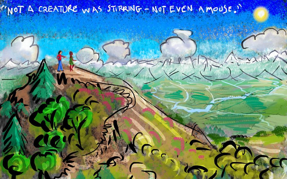 View from summit of Mt Diablo. Dream sketch by Wayan. Click to enlarge.