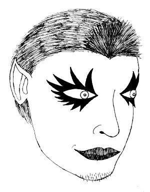 Line drawing by HareTrinity of a dream face: a vampire guy with pointed ears, a crazy stare, and huge eyelashes (or clown makeup).