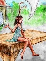 A fairy, a foot tall, insect antennae, wingless. Dream sketch by Wayan. Click to enlarge.