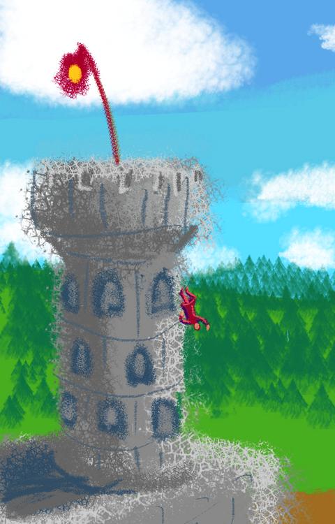 Prince falls from stone tower; digital dream sketch by Wayan