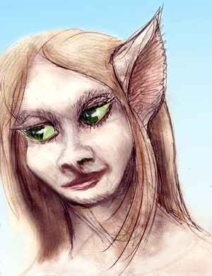 Face of a faun-girl, tilted forward, looking off to her right.