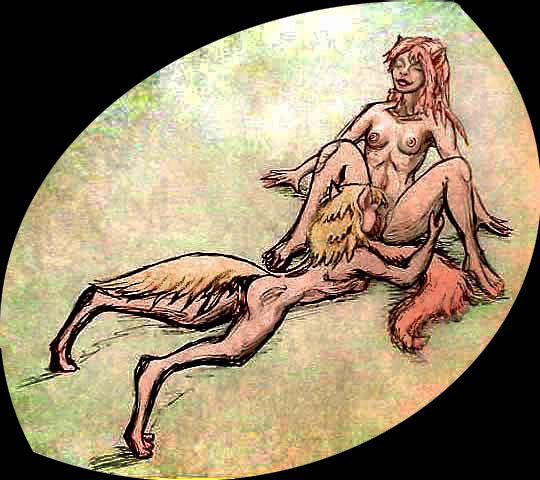 A horse-tailed faun-girl licks her sister
