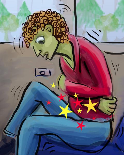 I crumple with gut pains, riding in a car. Dream sketch by Wayan.