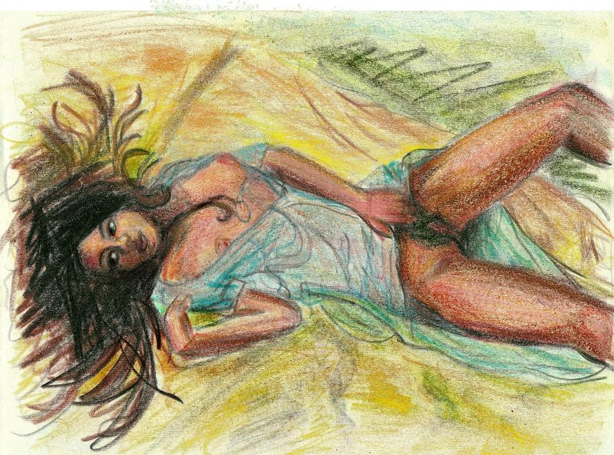 A woman in open gauze robe sprawls. Dream crayon-sketch by Wayan. Click to enlarge.