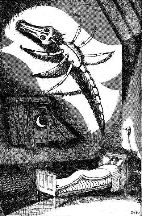 Crosshatch ink sketch by Michael Rothenstein (1949), illustrating a dream by Nancy Price, 1948. A huge, long-tailed insect with a horse-skull for a face crawls above her bed.