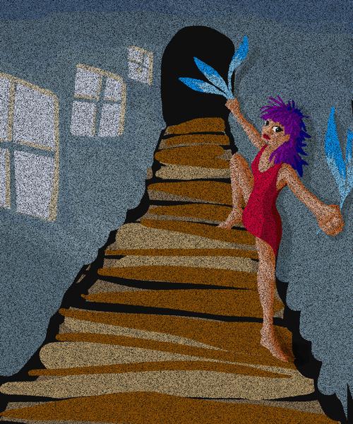 Woman sneaks down a stair with magic blue feathers. Dream sketch by Wayan. Click to enlarge.