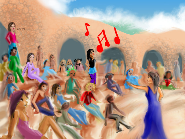 a student stands and sings in a stone amphitheater; dream sketch by Wayan