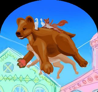 Digital sketch of a dream by Chris Wayan: pigeons and squirrels riding on a bear riding on a goat strung on a fishingline suspended over Victorian houses, like a highwire act except the goat has swallowed the line.