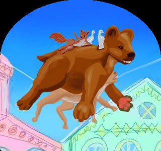 Digital sketch of a dream by Chris Wayan: pigeons and squirrels riding on a bear riding on a goat strung on a fishingline suspended over Victorian houses, like a highwire act except the goat has swallowed the line.