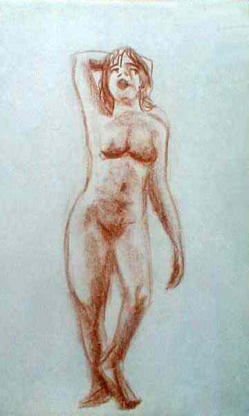 Chubby girl stepping toward us, looking up in amusement. Sketch in brown crayon.