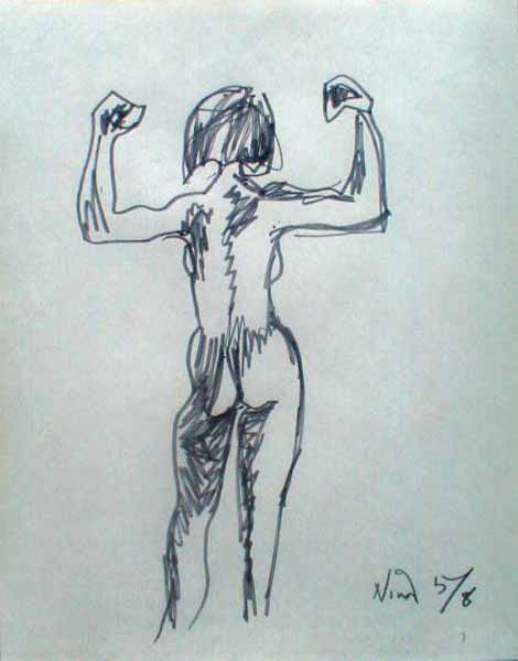 Line-sketch of model from back, standing, flexing biceps