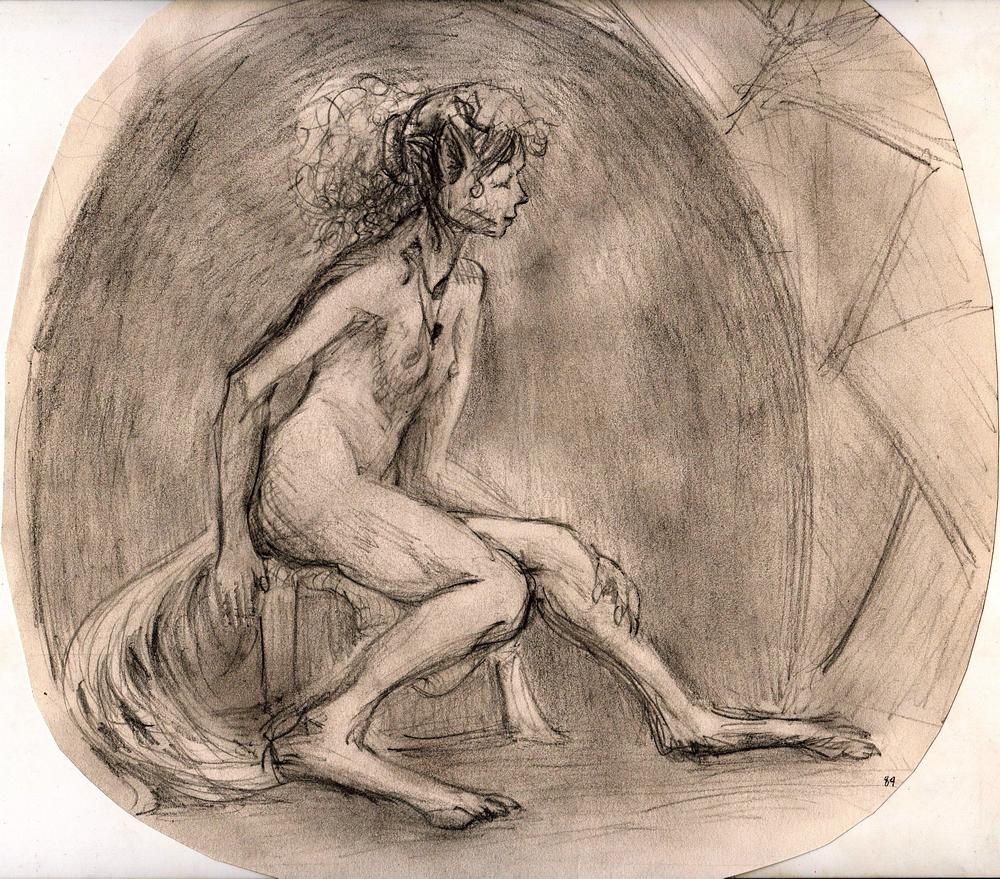 Seated girl with human face, wolf ears, legs and tail. 1989 life sketch by Wayan. Click to enlarge.