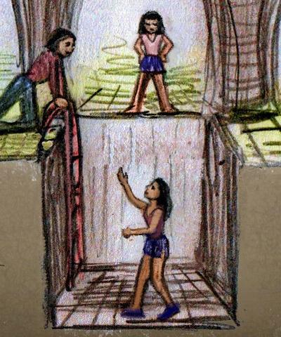 The punishment pit in a boarding school--no railings, a ladder down. Dream sketch by Wayan.