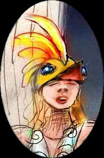 A girl playing the Firebird, with a golden bird-head hat.