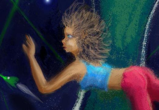 I'm a woman watching a deepspace battle with green lasers. Dream sketch by Wayan.
