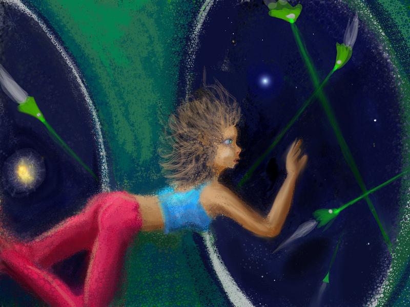 I'm a woman watching a deepspace battle with green lasers. Dream sketch by Wayan. Click to enlarge.