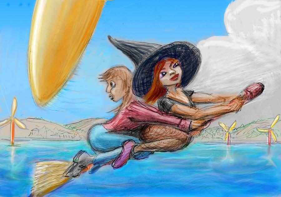 A witch gives me flying lessons on her broom, dodging windmills over San Francisco Bay. Dream sketch by Wayan. Click to enlarge.