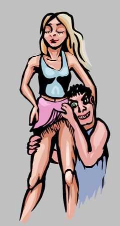 Man flaps girlfriend's skirt up to show she's naked beneath while she smiles. Dream sketch by Wayan. Click to enlarge.