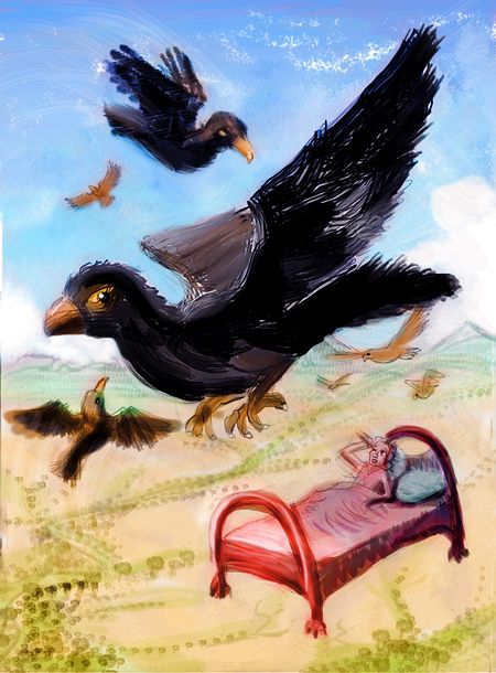 As my bed floats over SW Morocco, huge birds come talk to me. Dream sketch by Wayan. Click to enlarge.
