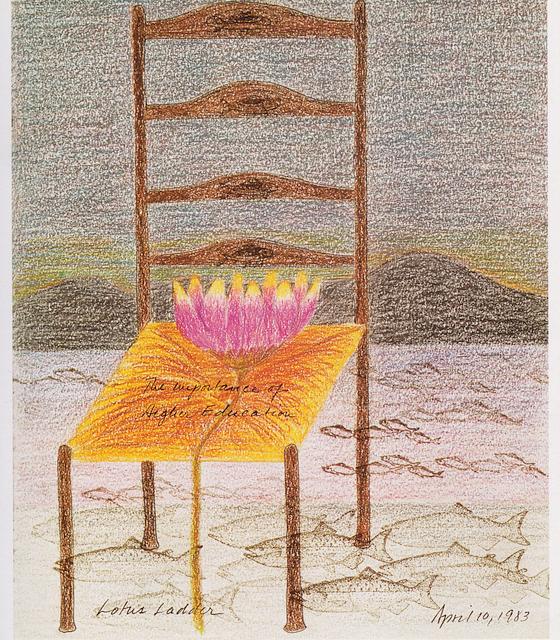 Lotus on a chair on a beach; dream-art by Katherine Metcalf Nelson.