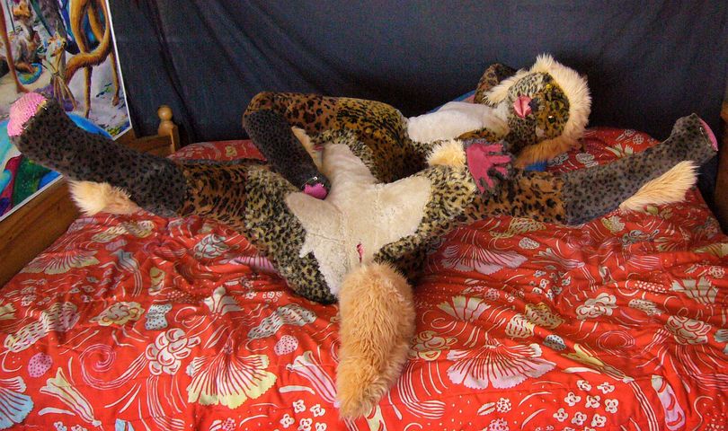 Silky,my cat-taur girlfriend, wriggles on an orange bedspread. Dream re-enactment with soft sculpture, by Wayan. Click to enlarge.