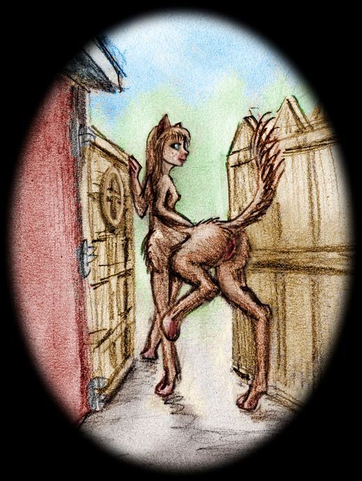 Silky, my cat-taur girlfriend, pauses at a gate to raise her tail, flirting at me. Dream sketch by Wayan. Click to enlarge.