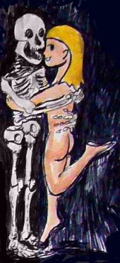 Girl embraces skeleton. Sketch by Wayan.