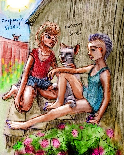 Size-changing cat and mohawk-girl and I sit on back steps. Dream sketch by Wayan. Click to enlarge.