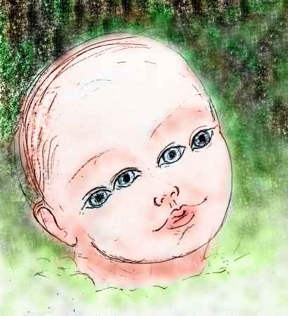 Baby's face with four eyes all in a line; dream sketch by Xanthe. Click to enlarge.