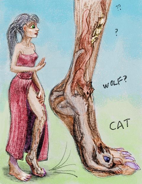 Woman with a cat inside her foot with a wolf inside her tail with a... Dream sketch by Wayan. Click to enlarge.