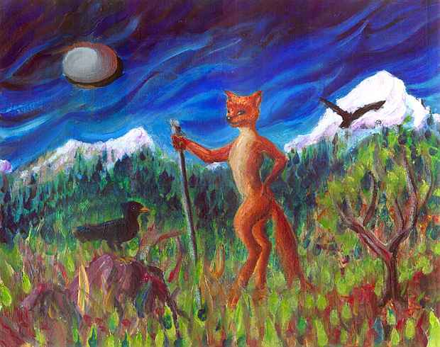 A red vixen leans on her shepherd's staff, talking to a raven in a meadow under snowy peaks. No sheep.