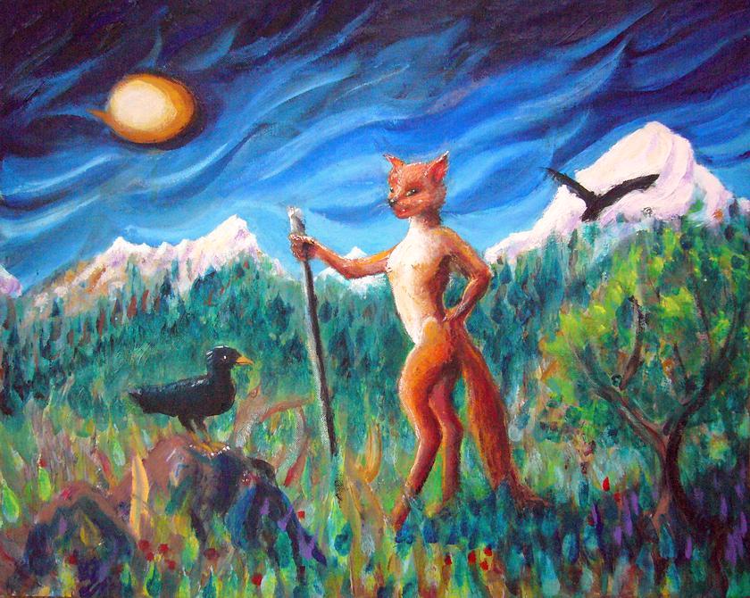 A red vixen leans on her shepherd's staff, talking to a raven in a meadow under snowy peaks. No sheep.