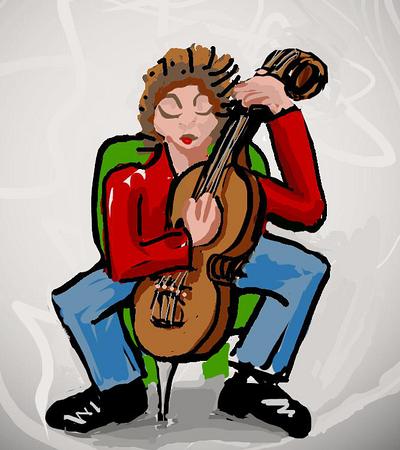 I try out a borrowed viola or small cello, and love it. Dream sketch by Wayan.