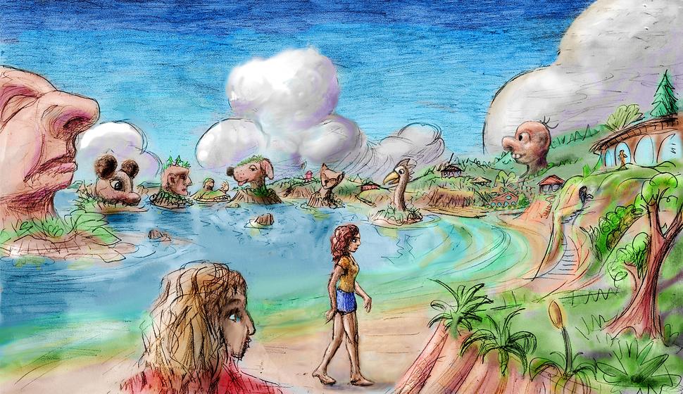 Islets carved into giant cartoon heads; dream sketch by Wayan. Click to enlarge.