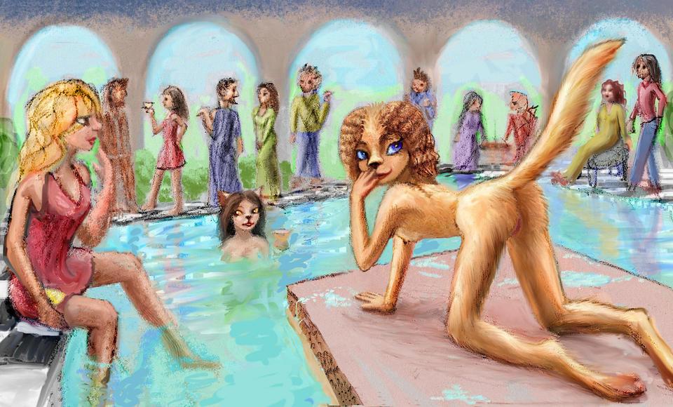 Frankenstein's pool party, my girlfriend the dog seduces me. Dream sketch by Wayan. Click to enlarge.
